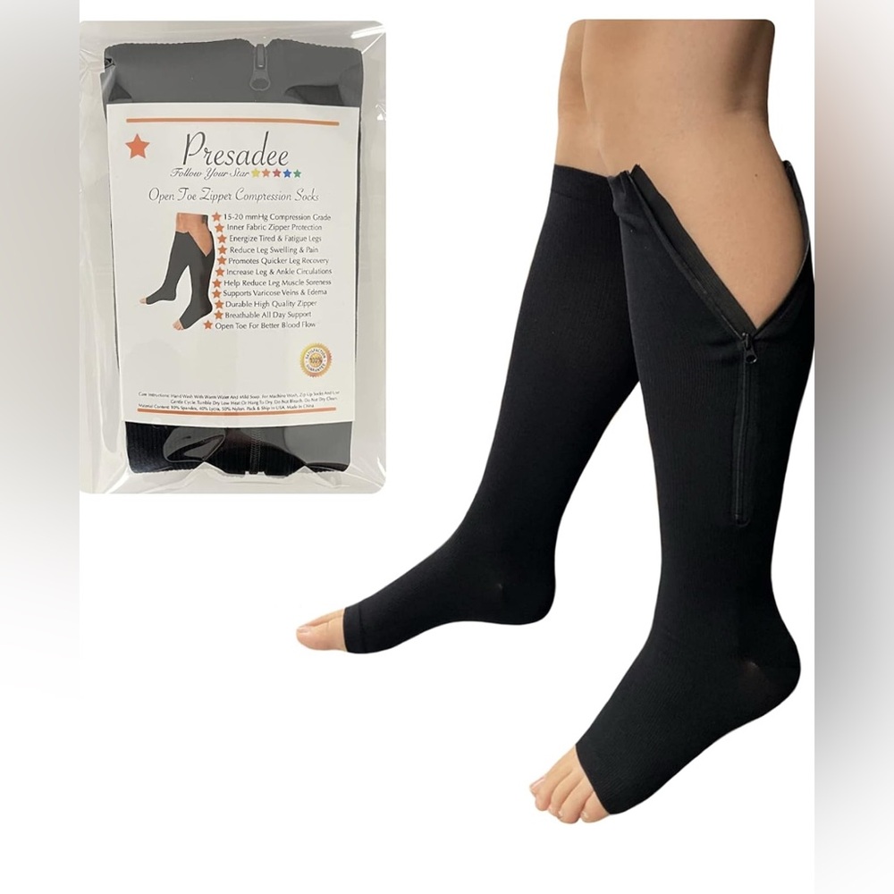 Open Toe 15-20 mmHg Moderate Compression Leg Calf Swelling Zipper Socks L/XL Blk